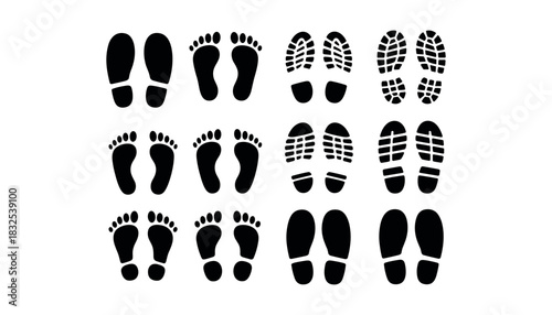 Collection of black footprint and shoe print silhouettes on white background vector