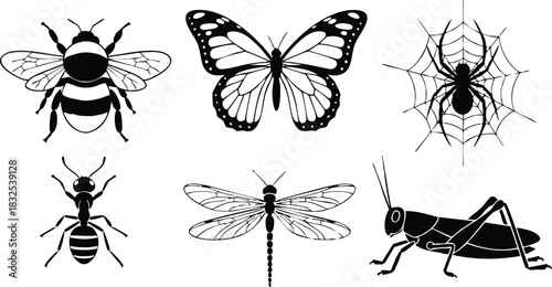 Black insect silhouette vector art with bee butterfly spider on web ant dragonfly and grasshopper arranged in two rows on white background