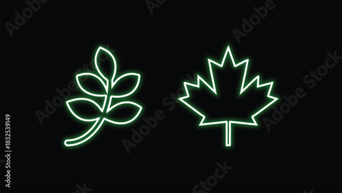 Neon Leaf Icons Set – Glowing Botanical Line Art Design