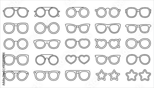 Collection of black outline eyeglasses and star shapes on white background spectacles eyewear