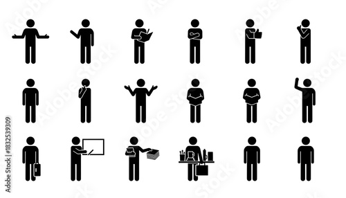 Collection of stick figures in various poses and activities on a white background design element silhouette