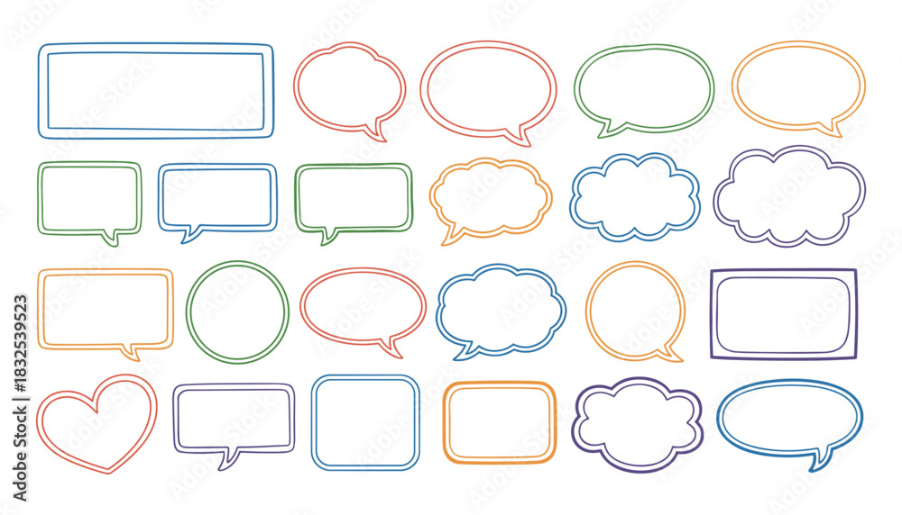 Obraz premium Collection of colorful hand drawn speech bubbles and shapes on white background thought bubble chat bubble