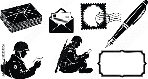 Vintage war letter vector art with black silhouette soldiers reading mail bundle envelope stamp fountain pen and decorative frame in nostalgic retro communication theme