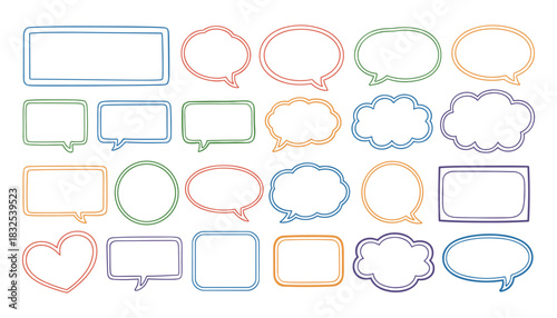 Collection of colorful hand drawn speech bubbles and shapes on white background thought bubble chat bubble