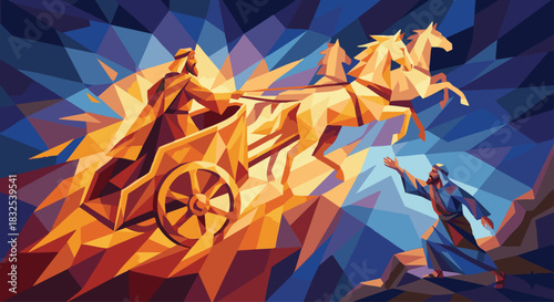 Elijah Taken Up in a Chariot
Geometric fiery chariot rising into a stylized sky, Elisha reaching upward, deep warm and cool contrast. bible story