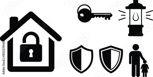 Monochrome vector icons showing locked house key lantern shields and parent with child representing home protection safety and family security concept in simple flat silhouette style
