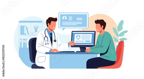 A friendly male doctor consulting with a male patient in a clinic office, explaining medical results on a computer screen during an appointment.