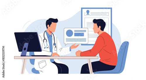 A male doctor is having a consultation with a male patient in a modern medical office, discussing a diagnosis and treatment plan at his desk.