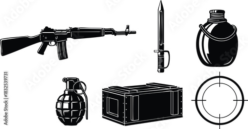 Black and white vector art of assault rifle bayonet canteen grenade ammo crate and round crosshair symbol arranged separately on clean military equipment collection layout