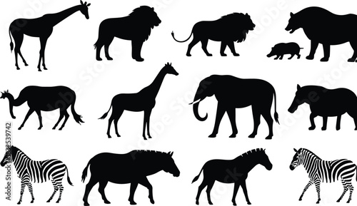Collection of wild animal silhouettes including giraffes, lions, bears, elephants, zebras, horses and safari wildlife illustrations for nature design