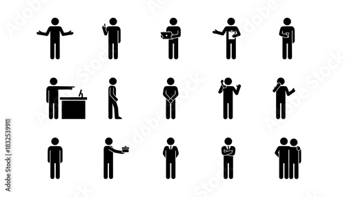 Collection of stick figure people in various poses and actions on a white background in a flat design silhouette