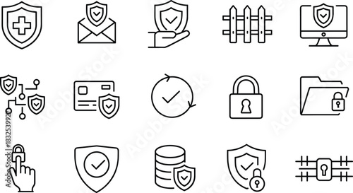 Security protection icons set featuring shields, locks, data safety symbols, cybersecurity elements, privacy safeguards, secure access visuals, digital protection illustration