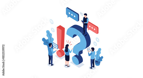 Isometric illustration of a team collaborating to find answers, standing around large question and exclamation marks, representing FAQ and support.