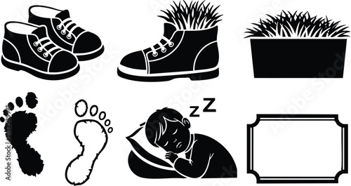Black silhouette vector set of child shoes with grass planter baby footprints sleeping boy with pillow and blank decorative frame for nursery label design