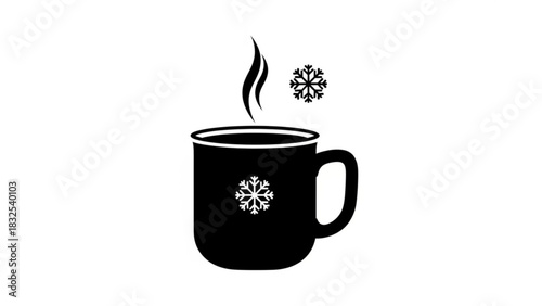 Cozy hot beverage in a minimalist black mug with rising steam and delicate snowflakes, an emblem of winter comfort and seasonal cheer.