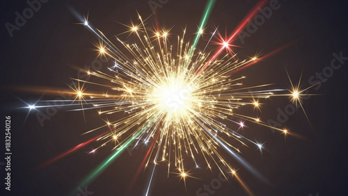 A vibrant, sparkling light burst with golden flares and colorful streaks, creating an energetic and festive explosion effect for celebration