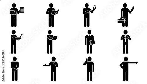 Twelve stick figures in various poses holding objects and gesturing on a white background isolated silhouette