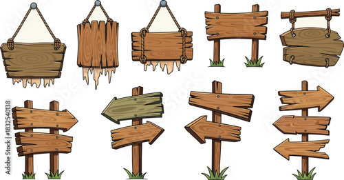 Collection of rustic wooden signs and arrow signposts vector illustration.