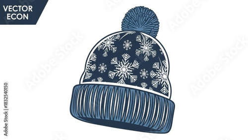 Blue winter hat with white snowflake pattern and pom-pom, a cozy knit beanie for cold weather fashion and seasonal apparel, isolated vector art.