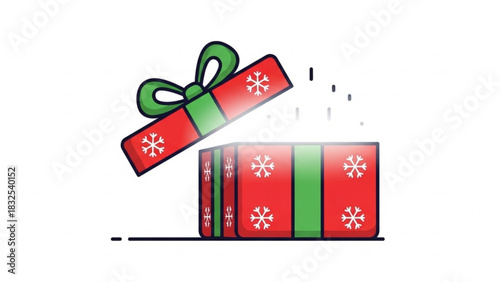 Festive open red gift box adorned with a vibrant green ribbon and delicate white snowflakes, radiating a subtle magical glow.