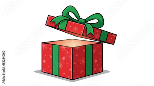 Open red gift box with green ribbon and bow, featuring snowflake and star patterns, glowing from within, cartoon illustration conveying surprise and festive joy.