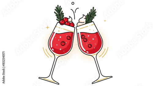 Elegant clinking glasses with festive red drinks, garnished with cranberries, whipped cream, and evergreen sprigs, for holiday celebrations.