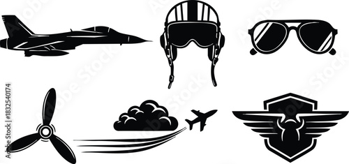 Black silhouette vector art of jet fighter pilot helmet aviator sunglasses propeller cloud trail small airplane and winged badge icons in minimalist aviation set