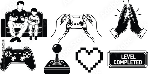 Flat vector art of father and son gaming together on sofa with controllers plus joystick pixel heart clapping hands and level completed badge in black white style