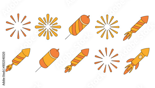 Collection of orange and yellow cartoon fireworks and rockets explosion celebration