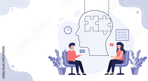 A man talking to a female psychologist or therapist, with a large head showing puzzle pieces, representing mental health and psychotherapy.