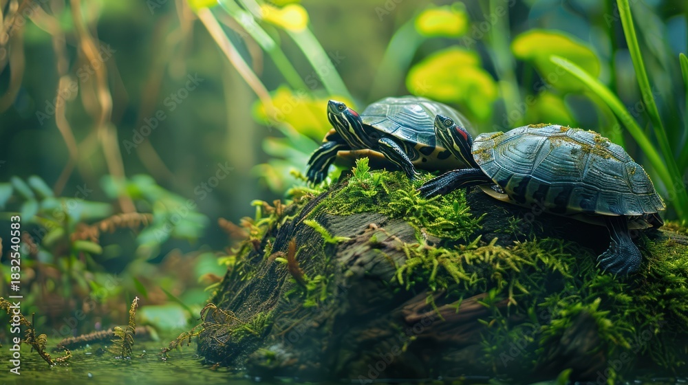 Obraz premium Two Baby Turtles Resting on Mossy Log in Lush Green Forest Scene