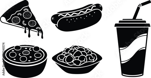 Flat design black and white fast food vector art with pizza slice hot dog pasta bowls and soda cup with straw minimal bold icons for menu graphics