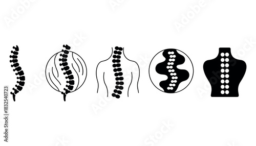 Five stylized black and white illustrations of human spines and torsos spinal column vertebrae