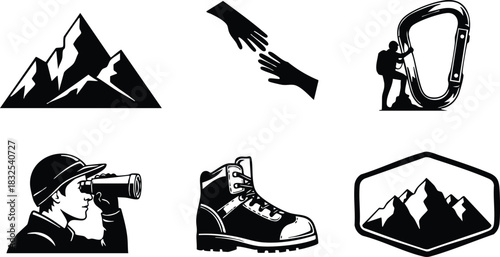 Monochrome vector art set of mountain hiking icons with climber carabiner helping hands explorer with binoculars and detailed boot in bold retro style