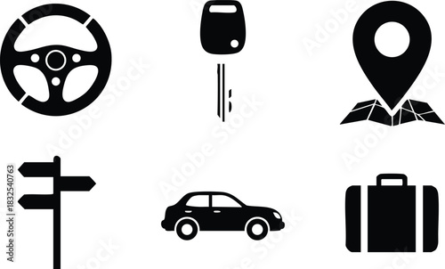 Minimalist vector art set of black driving icons with steering wheel car key map pin road sign compact car and suitcase on clean white background