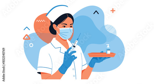 A female nurse wearing a face mask and gloves holds a tray with a syringe and hand sanitizer, ready to administer a vaccine or medication.