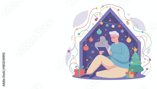 Happy senior man uses a tablet in a decorated house during the holidays staying connected