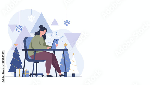 Stressed woman works on a tablet during winter holidays Christmas pressure and anxiety concept