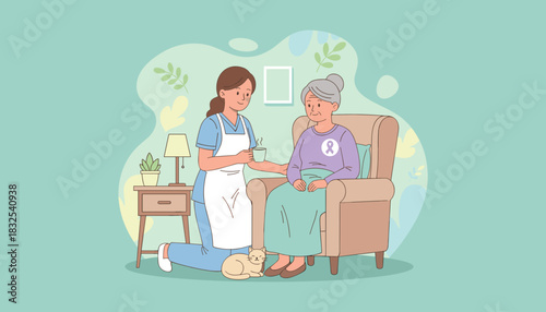 Home care support Nurse assists senior woman relaxing in chair with tea and her cat