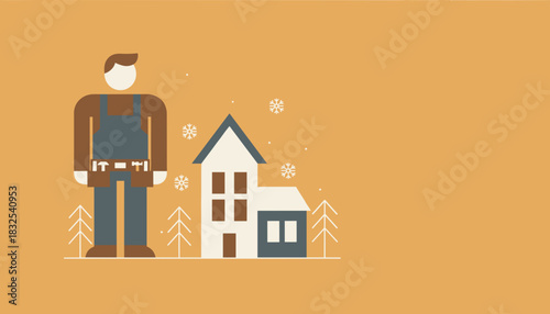 Professional tradesman near a house in winter ready for repair and maintenance service illustration
