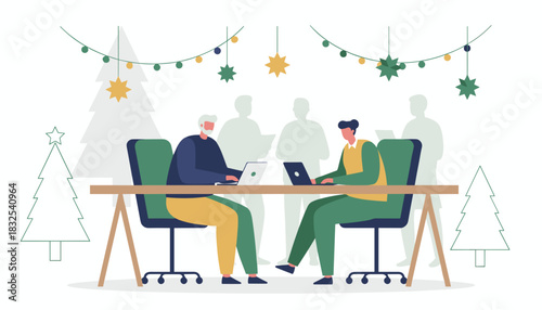 Office colleagues collaborating on laptops during the Christmas and holiday season