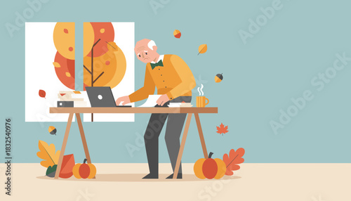 Worried senior man works on his laptop and documents at a home desk during the autumn season
