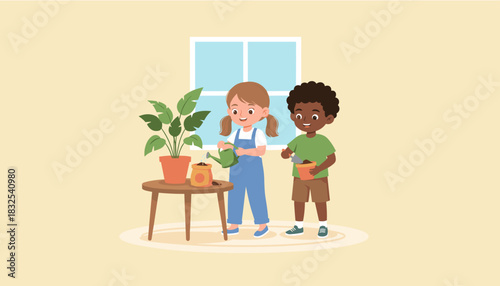 Happy diverse kids watering and potting plants indoors Gardening hobby and early education concept