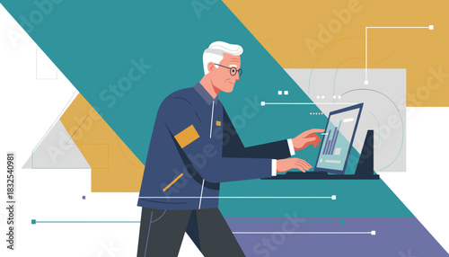 Senior professional analyzing business data on a laptop for 2024 financial planning Vector illustration
