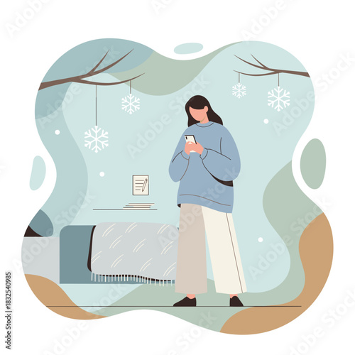 Woman texting on a smartphone in a cozy winter scene Stay connected remote work concept