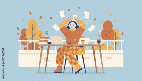 Frustrated woman experiencing professional burnout while working remotely in an autumn setting