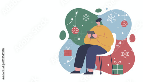 Person using a tablet for holiday shopping amidst festive Christmas illustrations