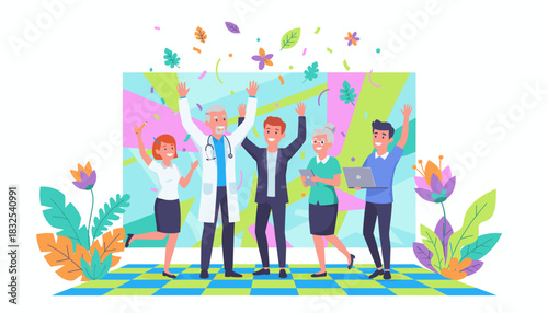 Diverse professional team celebrating achievement and success flat vector illustration
