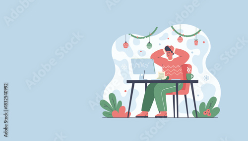Overwhelmed man working at a computer during the stressful holiday season Deadline pressure