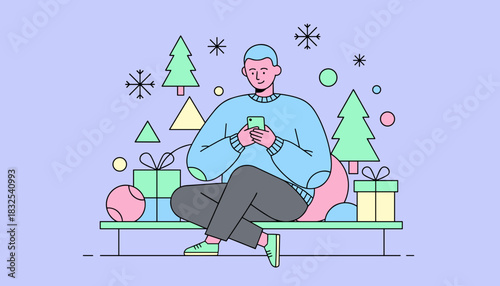 Young man scrolls phone during festive season surrounded by Christmas trees and gifts